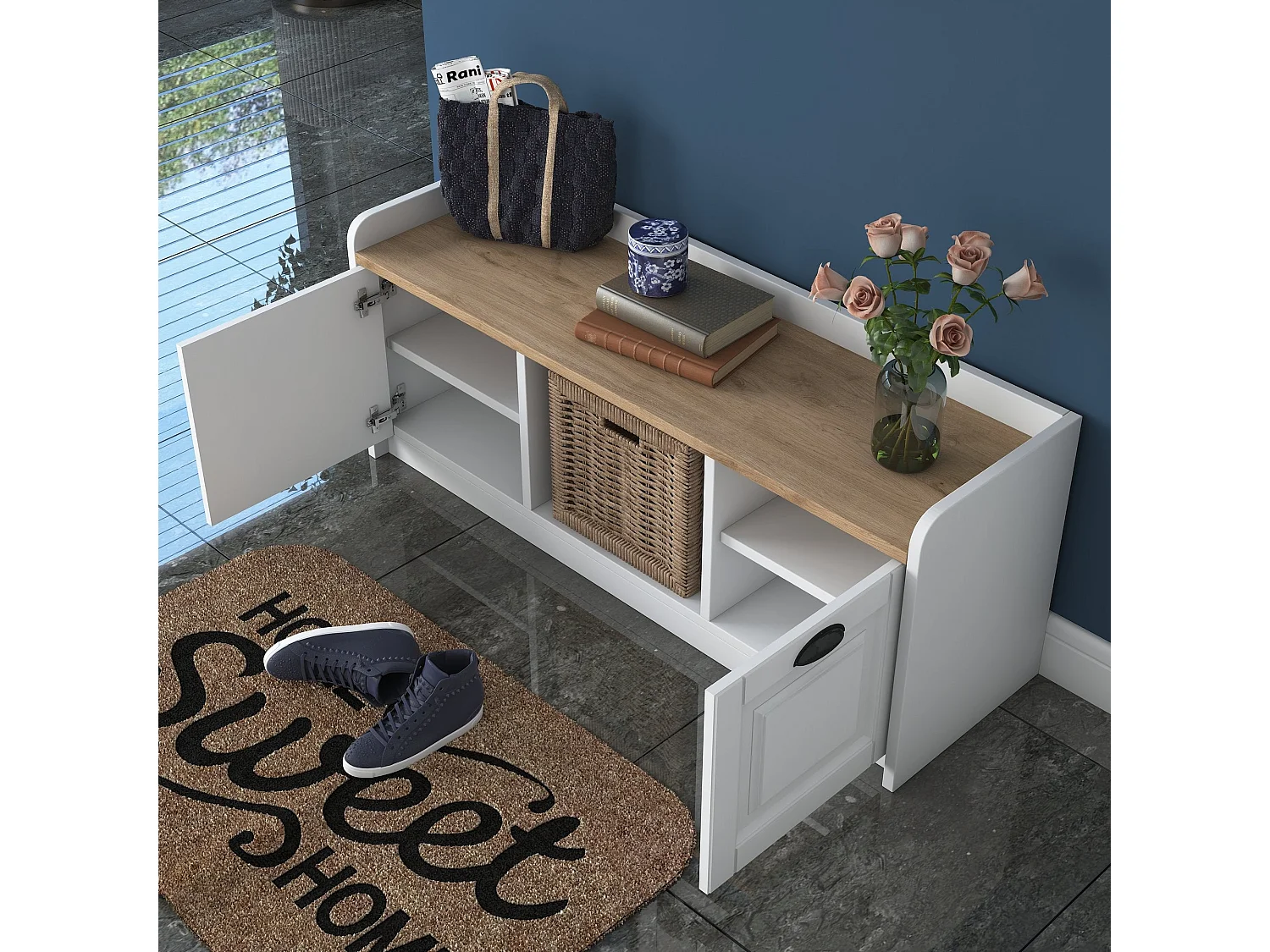 Sapateira Moderna "Linea" com Banco - 120 x 45 x 40 cm - Branco e Nogueira para Organizar Sapatos