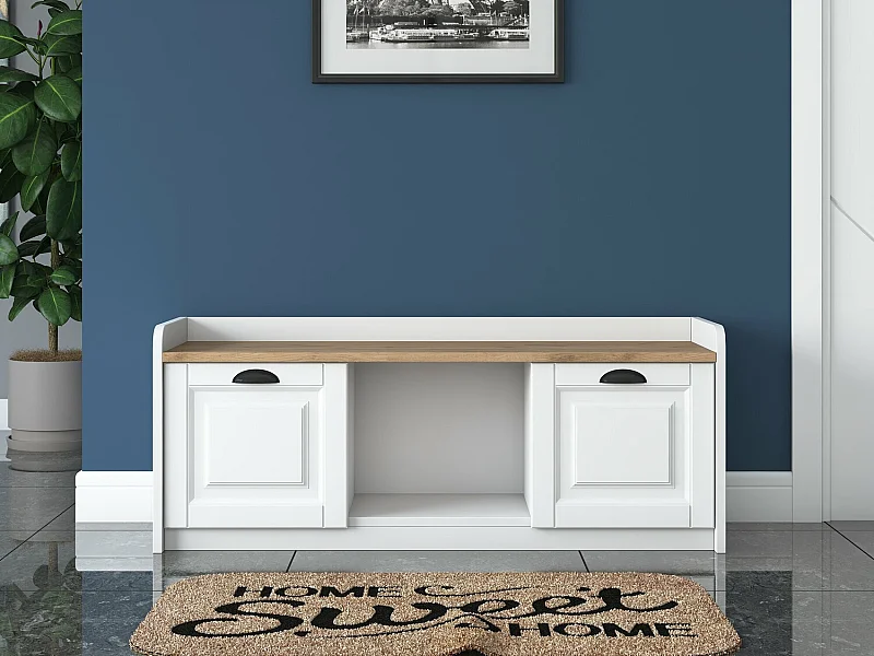 Sapateira Moderna "Linea" com Banco - 120 x 45 x 40 cm - Branco e Nogueira para Organizar Sapatos