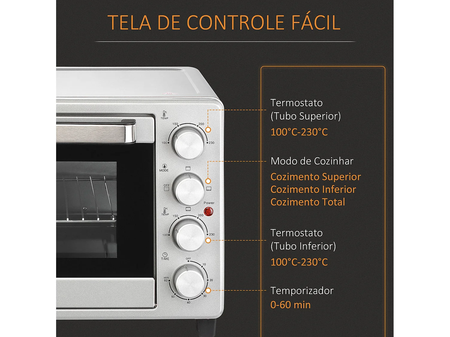 Horno eléctrico de sobremesa Andrómeda Homcom 1600W 3 modos de cocción 32L plata 33,5x38,1x52 cm