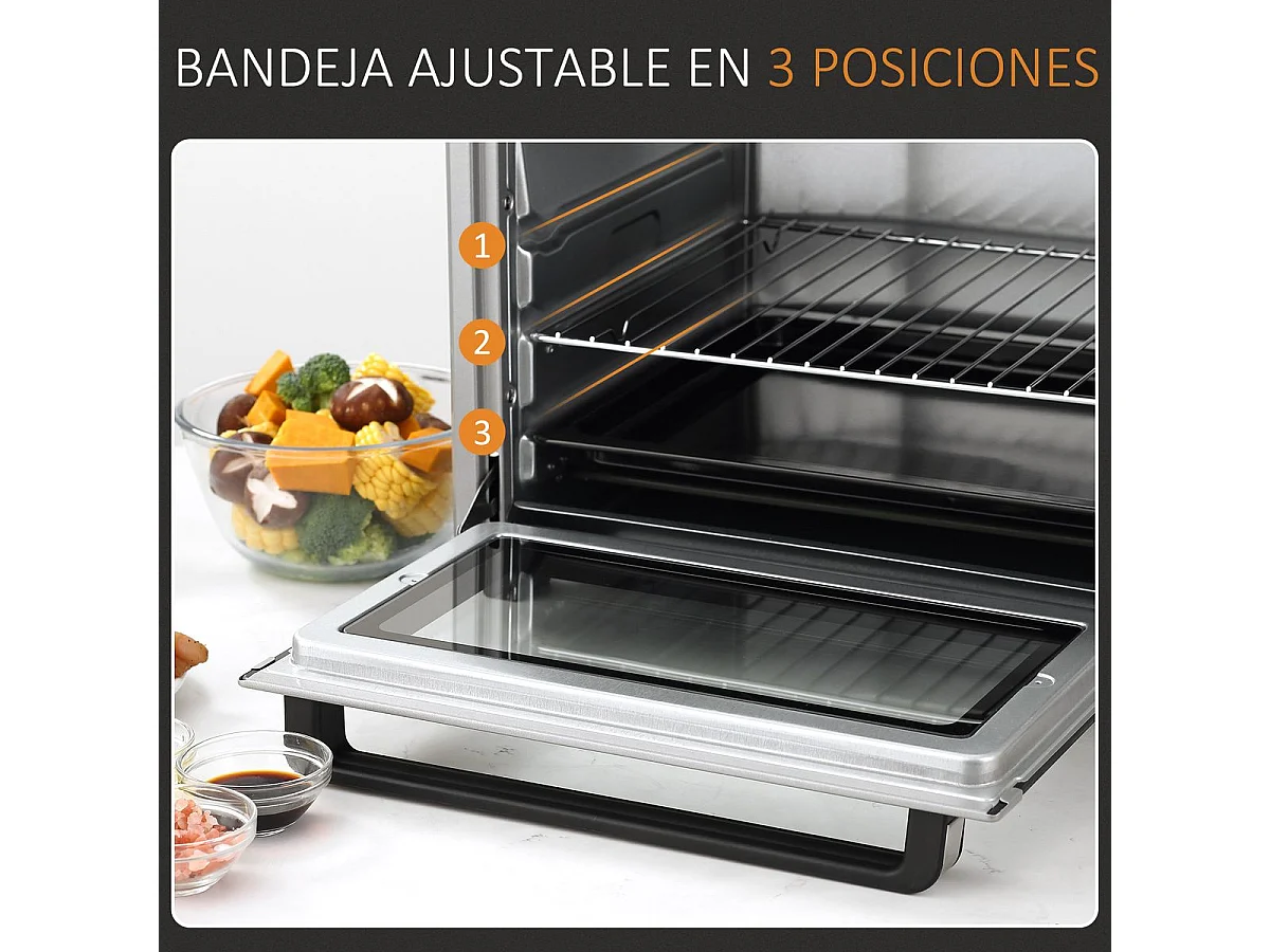 Horno eléctrico de sobremesa Andrómeda Homcom 1600W 3 modos de cocción 32L plata 33,5x38,1x52 cm