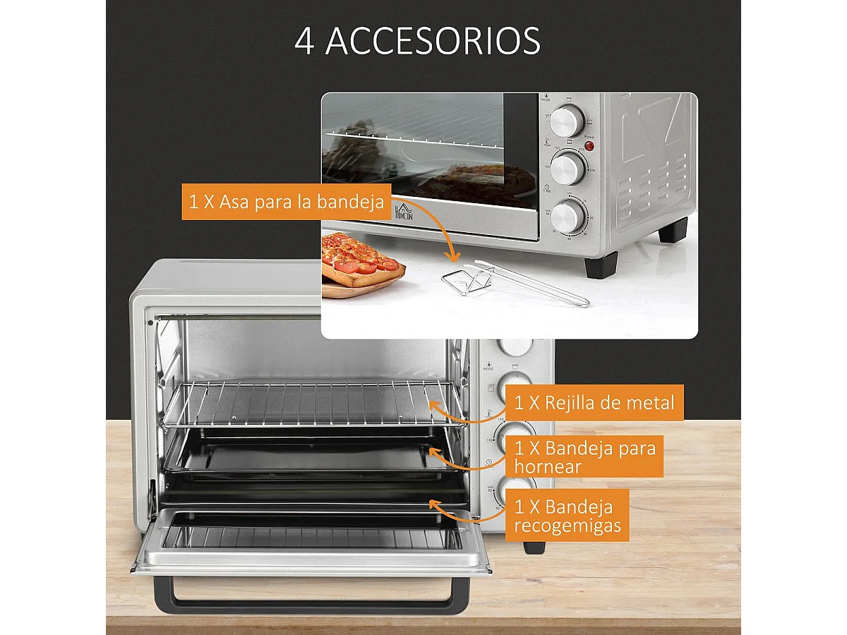 Horno eléctrico de sobremesa Andrómeda Homcom 1600W 3 modos de cocción 32L plata 33,5x38,1x52 cm