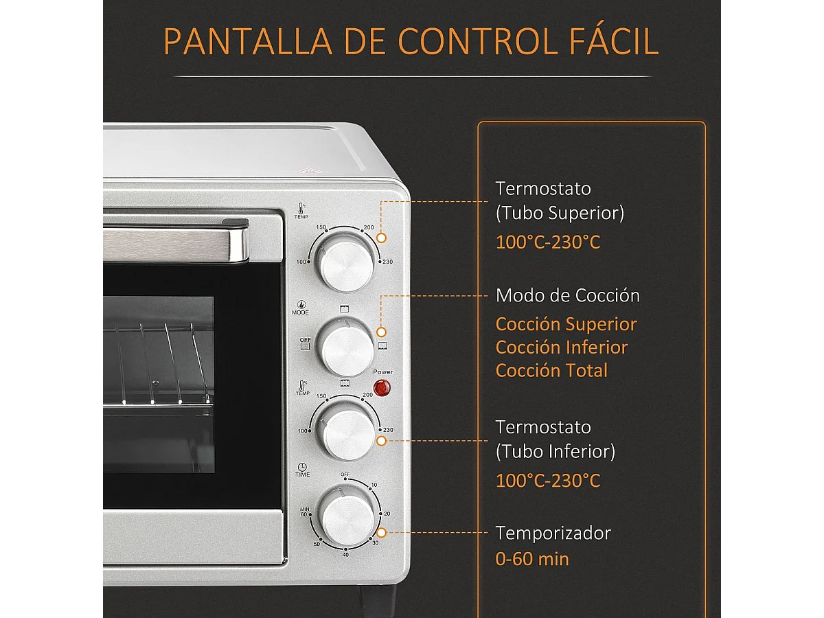 Horno eléctrico de sobremesa Andrómeda Homcom 1600W 3 modos de cocción 32L plata 33,5x38,1x52 cm