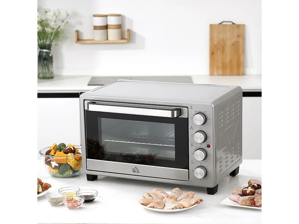 Horno eléctrico de sobremesa Andrómeda Homcom 1600W 3 modos de cocción 32L plata 33,5x38,1x52 cm
