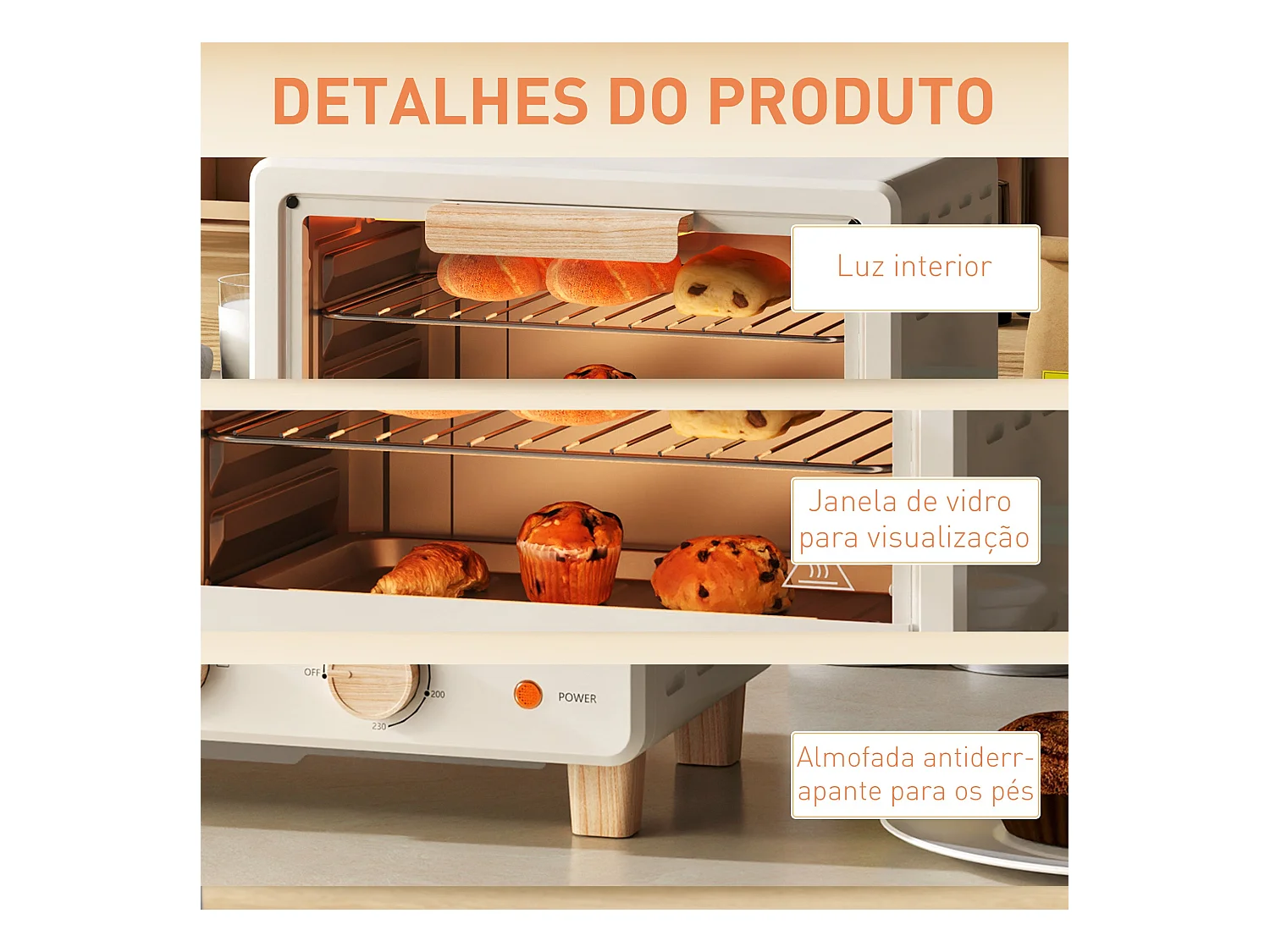 Forno Elétrico de Mesa Grenoble 16L com Porta de Vidro e Controle de Temperatura até 230℃