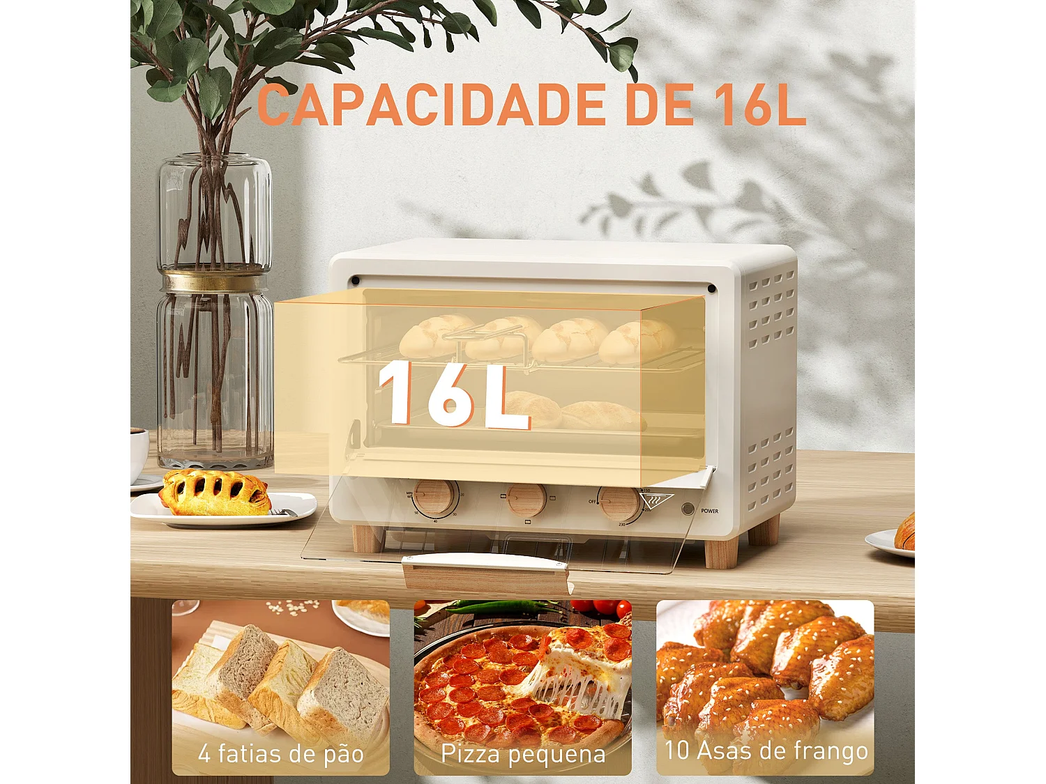 Horno de sobremesa Candy Homcom 1400w 16L 3 modos crema 28,8x39x27,5 cm