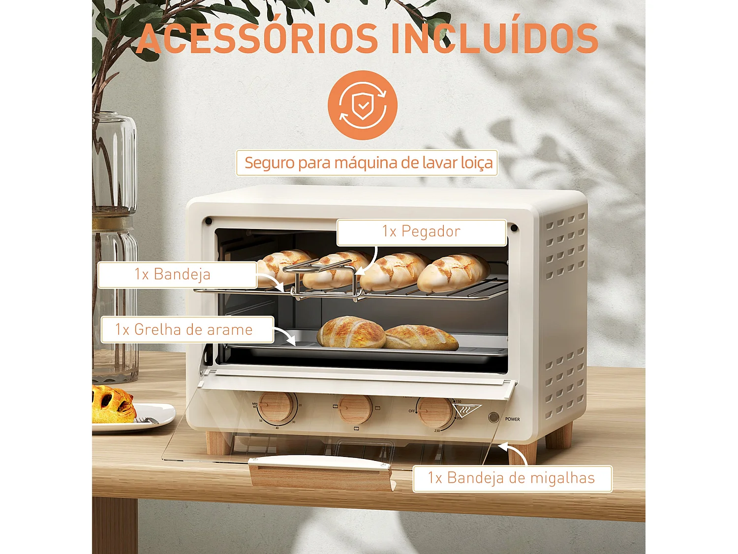Horno de sobremesa Candy Homcom 1400w 16L 3 modos crema 28,8x39x27,5 cm