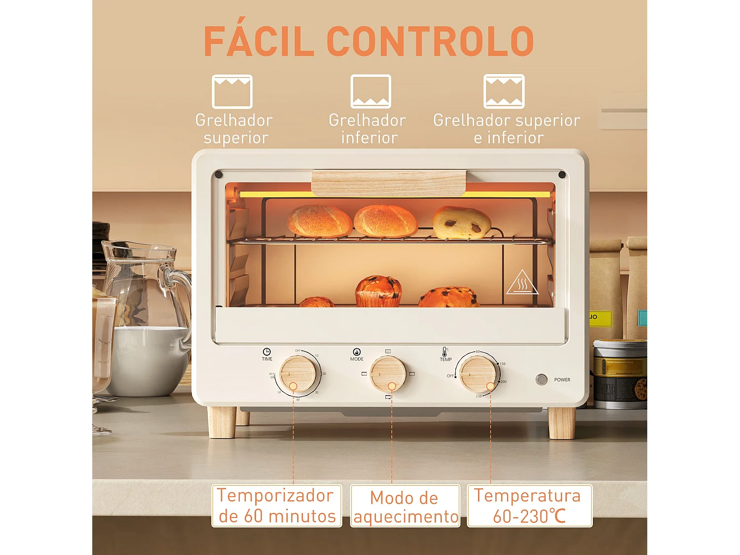 Horno de sobremesa Candy Homcom 1400w 16L 3 modos crema 28,8x39x27,5 cm