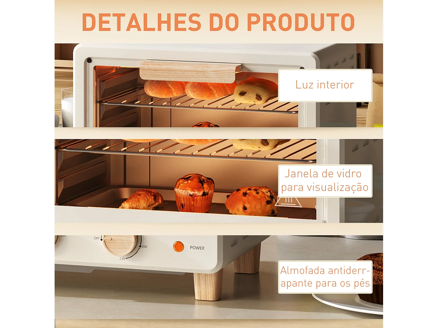 Horno de sobremesa Candy Homcom 1400w 16L 3 modos crema 28,8x39x27,5 cm