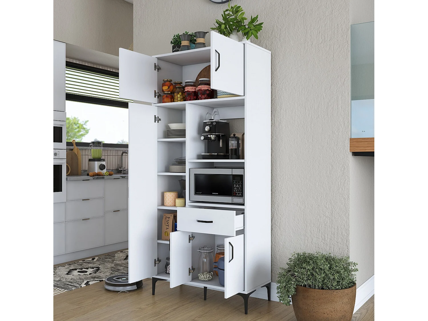 Armário Alto de Cozinha Stella - Branco Moderno - 90 x 198,6 x 40 cm para Organização Elegante
