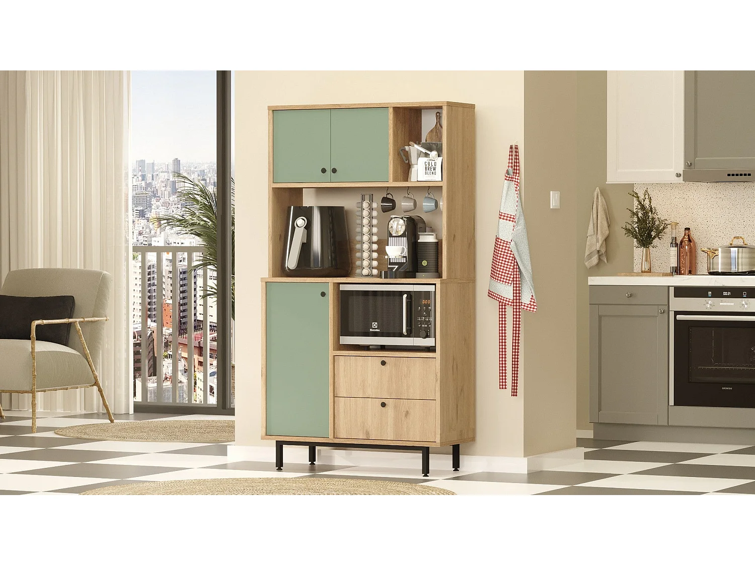 Armário Alto de Cozinha Toledo em Carvalho e Verde - Mobiliário Moderno e Funcional 88x161.2x35.5cm