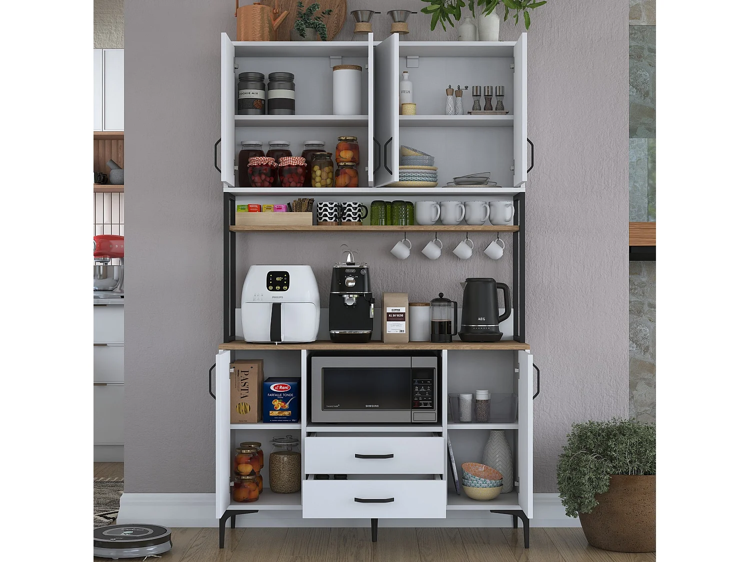 Armário Alto de Cozinha Stella - Estilo Moderno em Nogueira e Branco - 120 x 198,6 x 40 cm