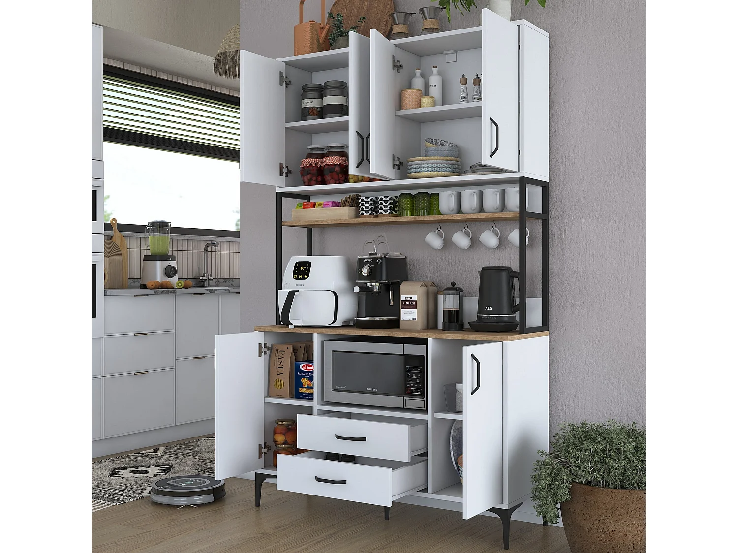 Armário Alto de Cozinha Stella - Estilo Moderno em Nogueira e Branco - 120 x 198,6 x 40 cm