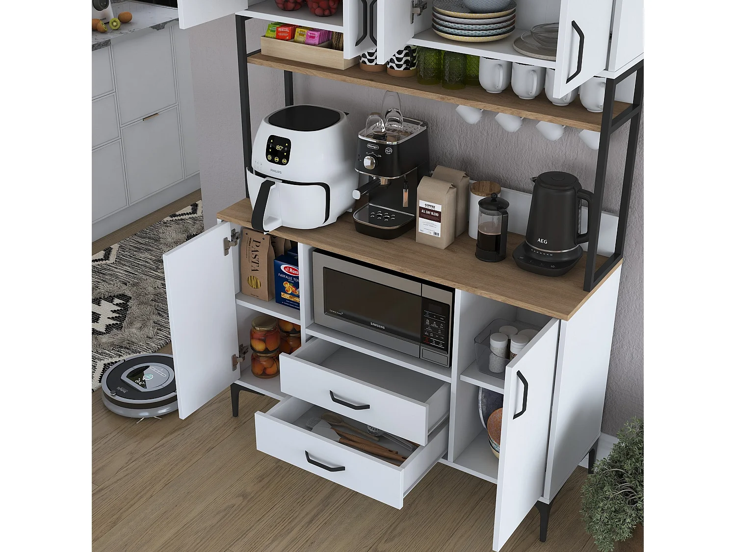 Armário Alto de Cozinha Stella - Estilo Moderno em Nogueira e Branco - 120 x 198,6 x 40 cm