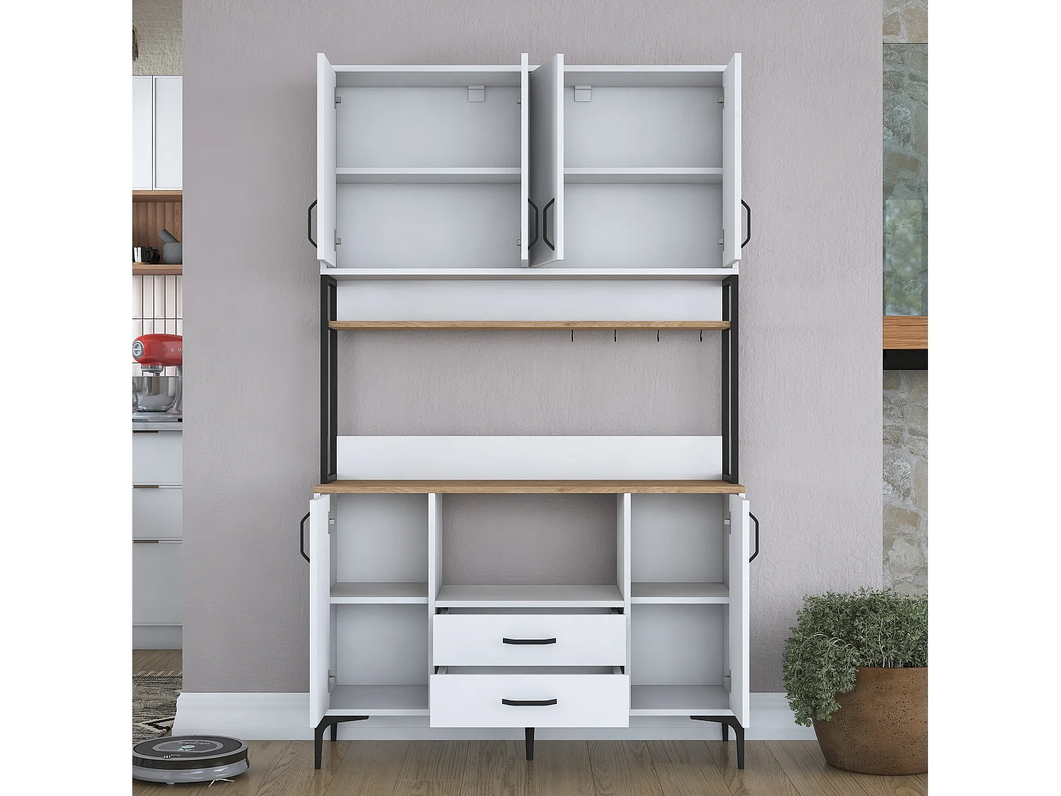 Armário Alto de Cozinha Stella - Estilo Moderno em Nogueira e Branco - 120 x 198,6 x 40 cm