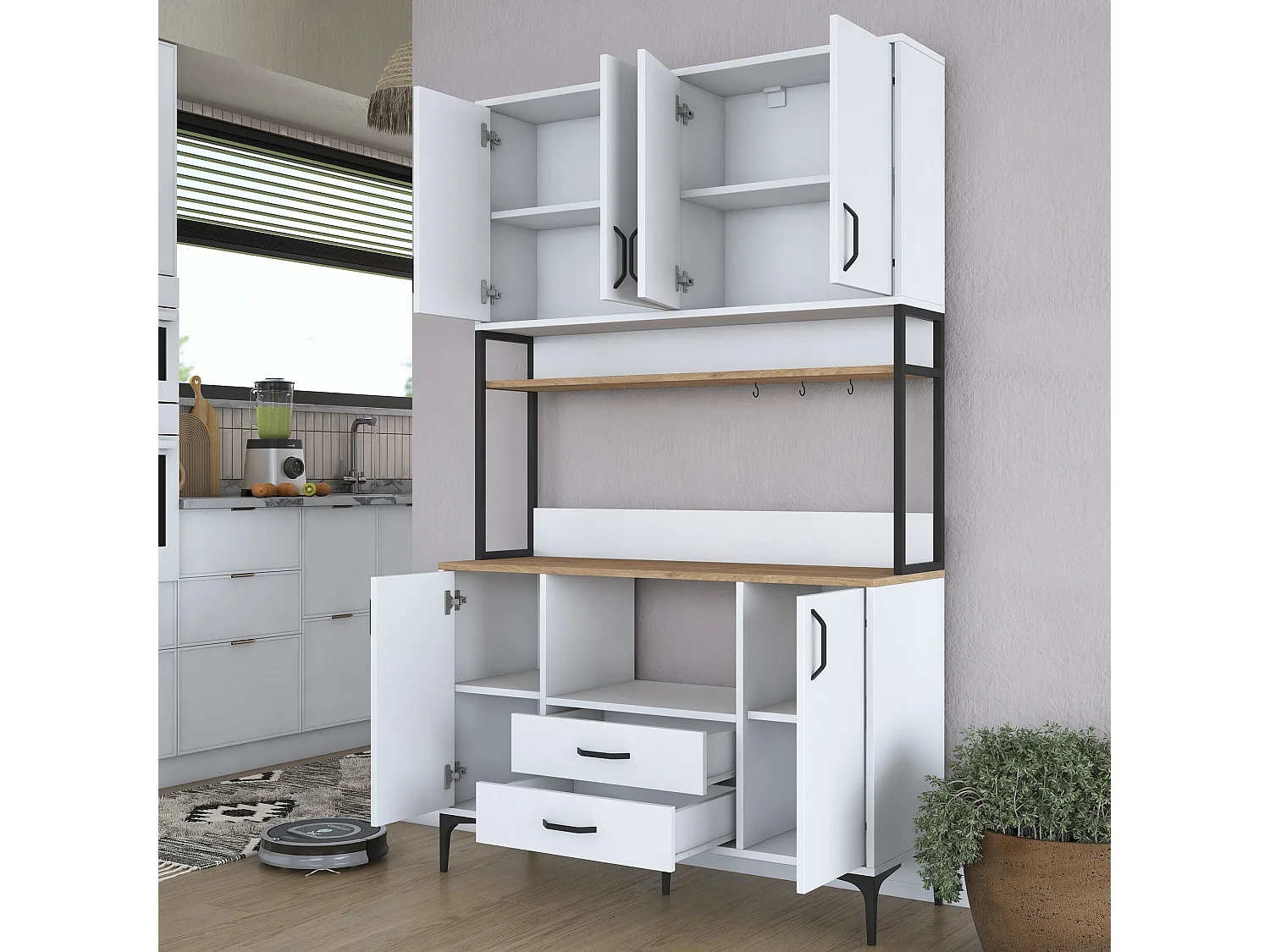 Armário Alto de Cozinha Stella - Estilo Moderno em Nogueira e Branco - 120 x 198,6 x 40 cm