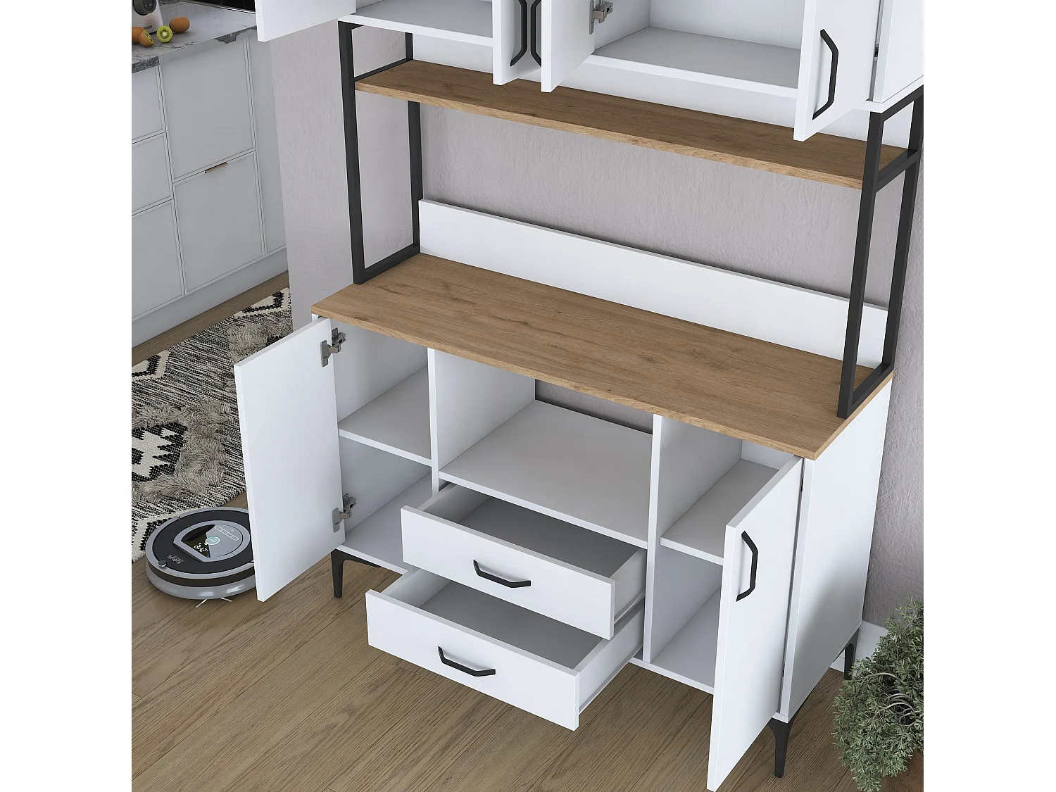 Armário Alto de Cozinha Stella - Estilo Moderno em Nogueira e Branco - 120 x 198,6 x 40 cm