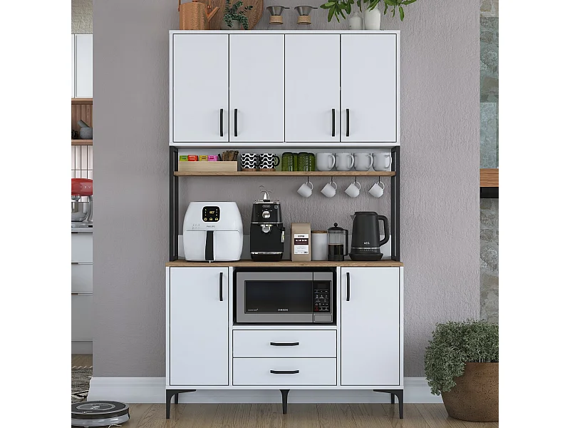 Armário Alto de Cozinha Stella - Estilo Moderno em Nogueira e Branco - 120 x 198,6 x 40 cm