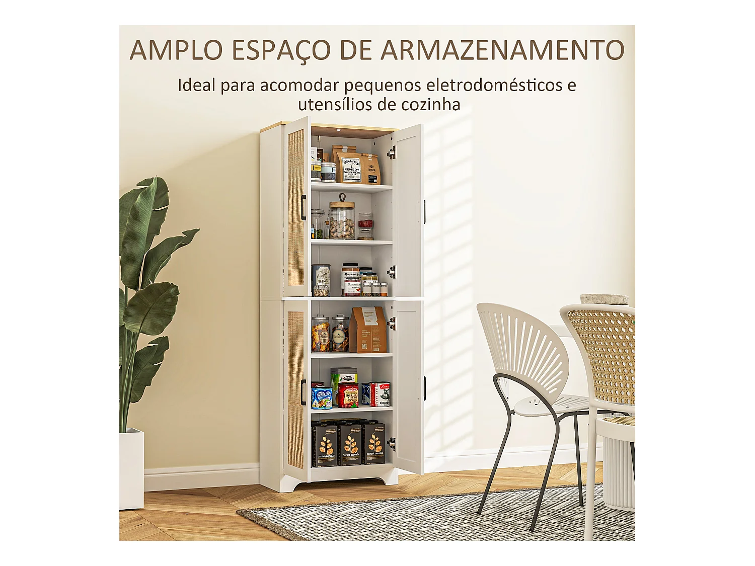 Armario auxiliar Boho Homcom 4 puertas 6 estantes ajustables blanco/natural 170x60x30 cm
