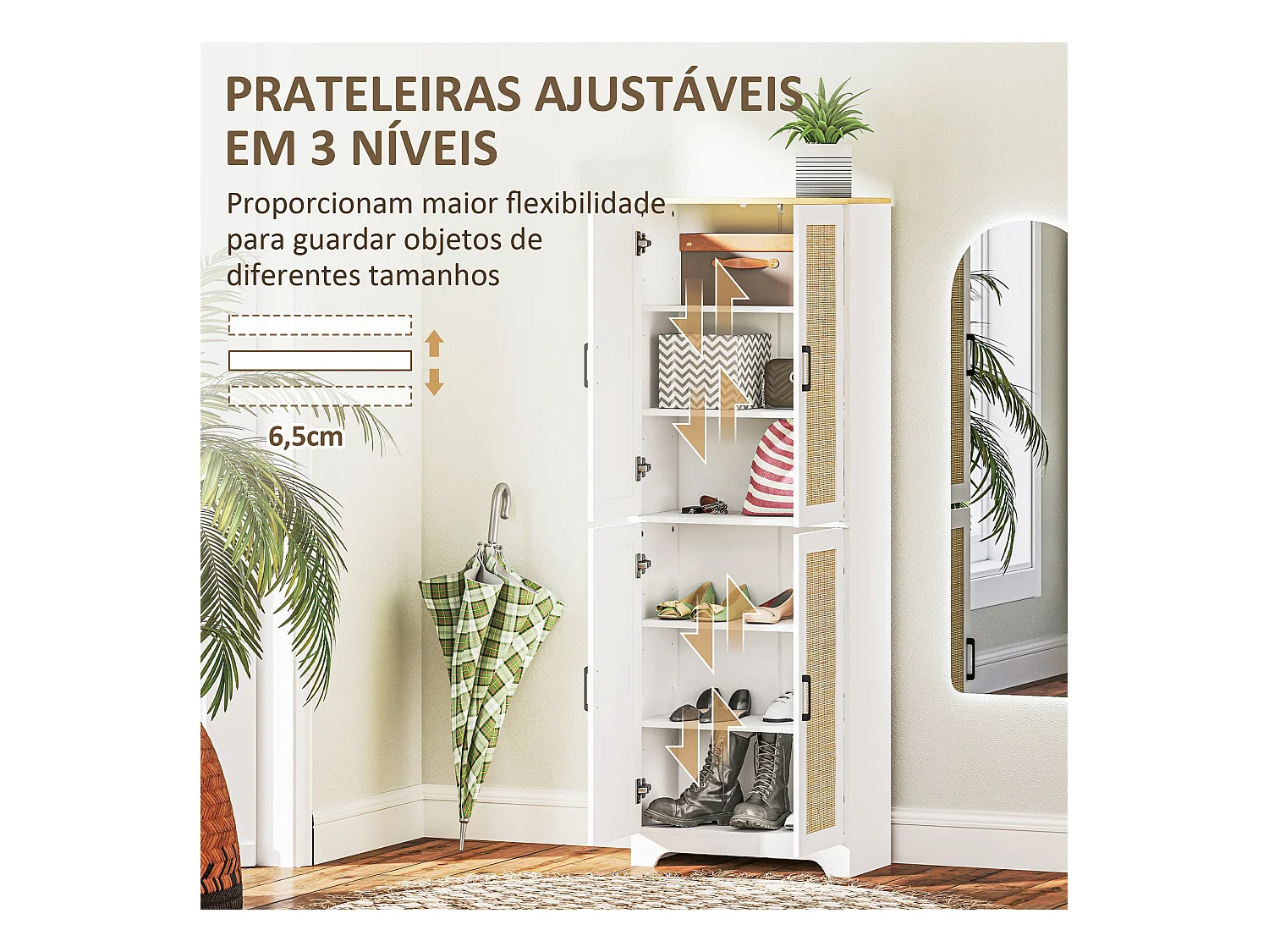 Armario auxiliar Boho Homcom 4 puertas 6 estantes ajustables blanco/natural 170x60x30 cm