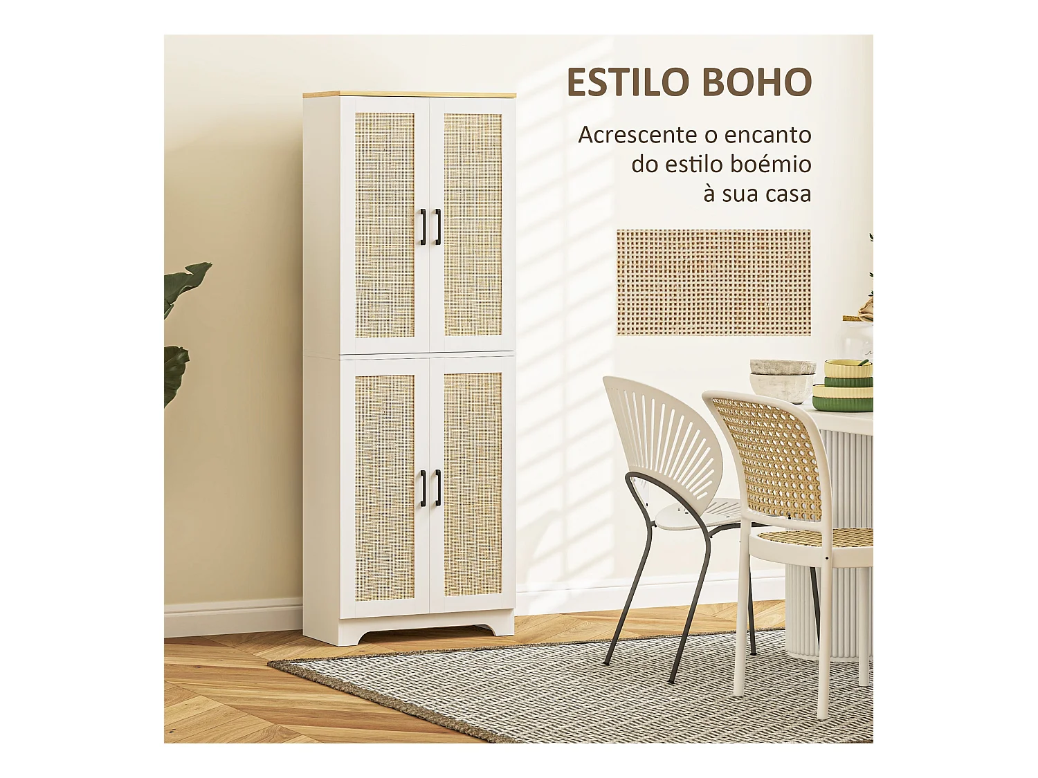 Armario auxiliar Boho Homcom 4 puertas 6 estantes ajustables blanco/natural 170x60x30 cm