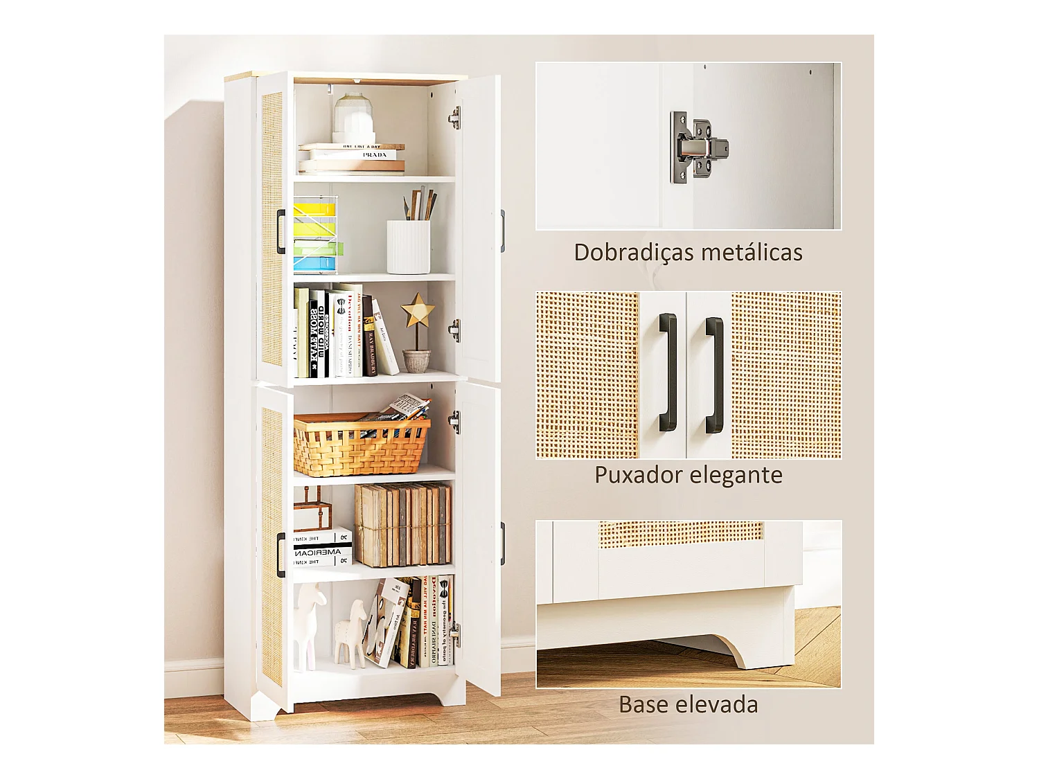 Armario auxiliar Boho Homcom 4 puertas 6 estantes ajustables blanco/natural 170x60x30 cm