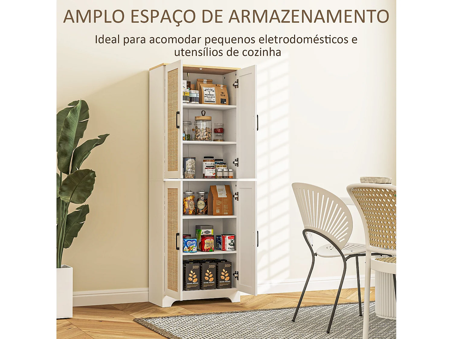 Armario auxiliar Boho Homcom 4 puertas 6 estantes ajustables blanco/natural 170x60x30 cm