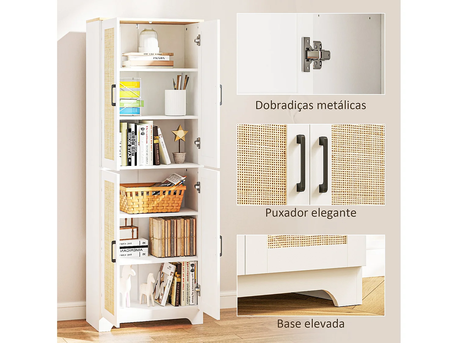 Armario auxiliar Boho Homcom 4 puertas 6 estantes ajustables blanco/natural 170x60x30 cm