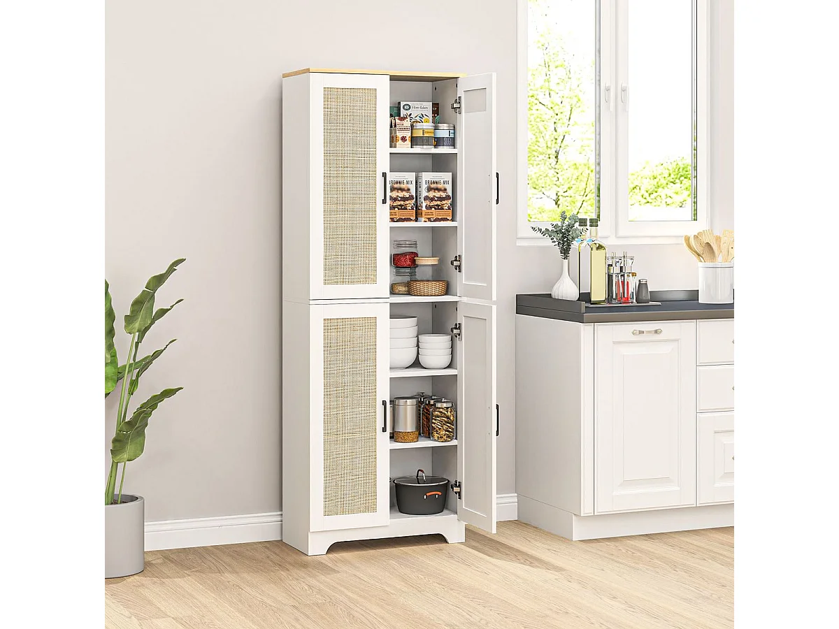 Armario auxiliar Boho Homcom 4 puertas 6 estantes ajustables blanco/natural 170x60x30 cm