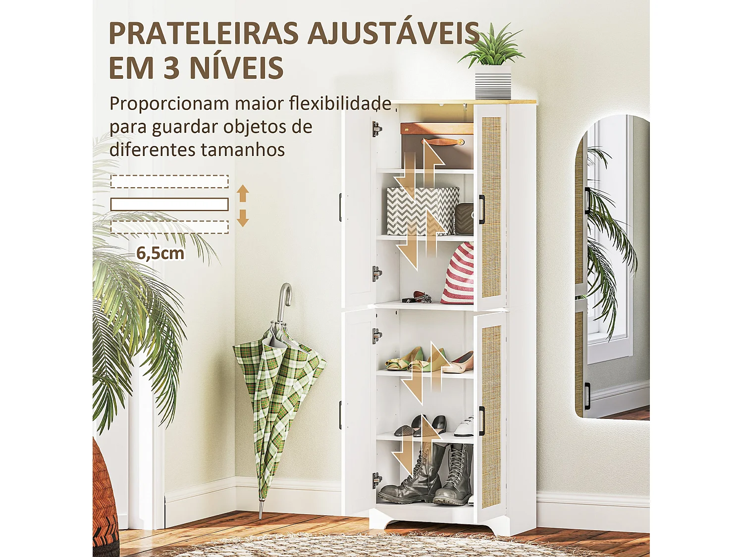 Armario auxiliar Boho Homcom 4 puertas 6 estantes ajustables blanco/natural 170x60x30 cm