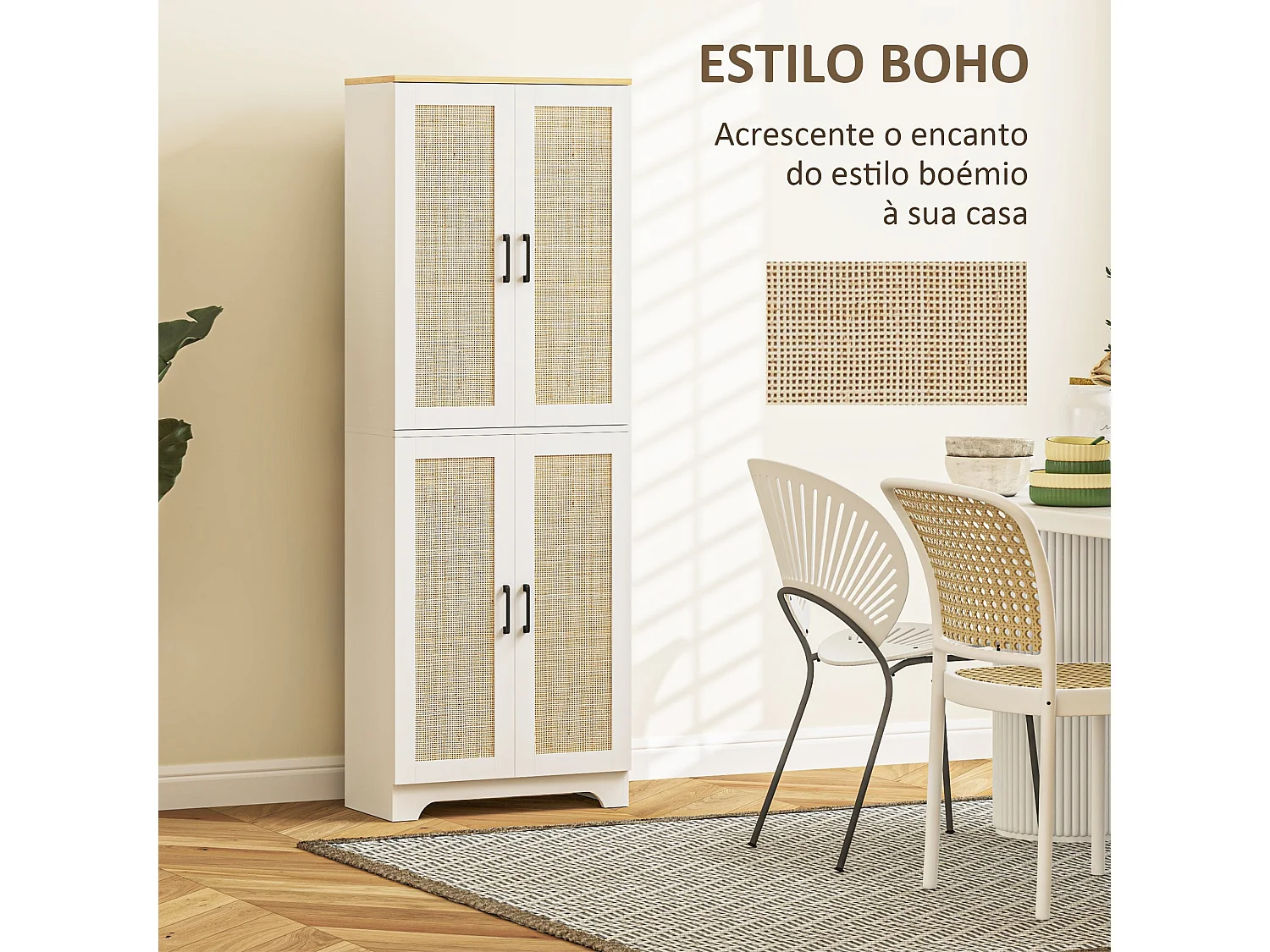 Armario auxiliar Boho Homcom 4 puertas 6 estantes ajustables blanco/natural 170x60x30 cm