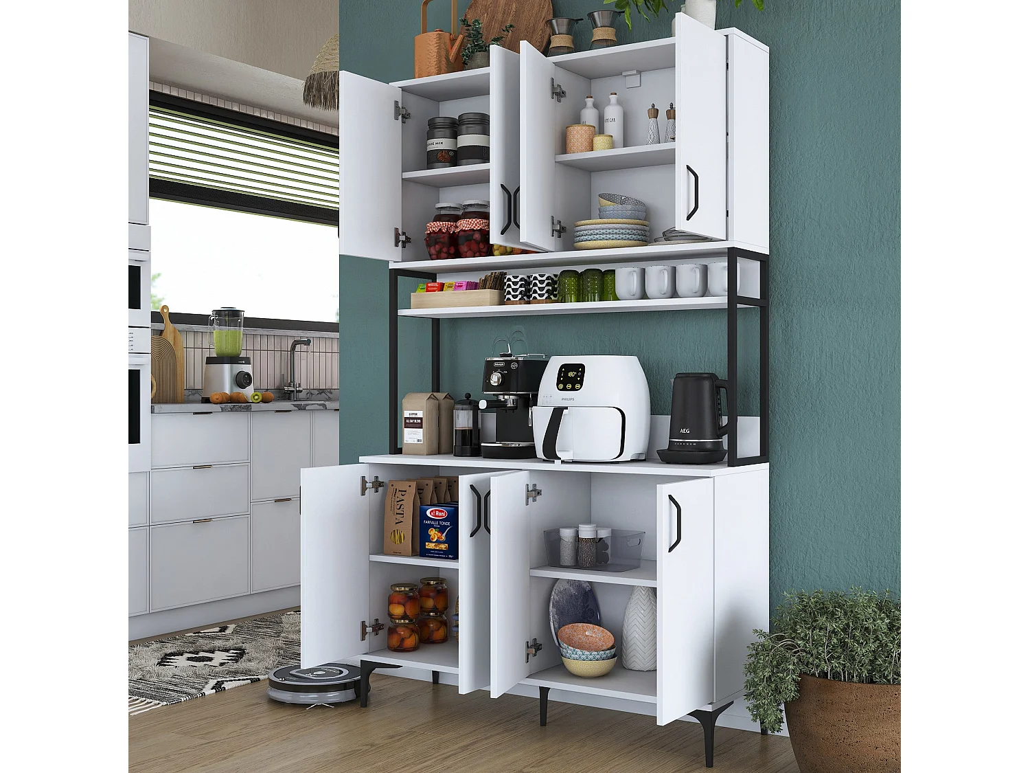 Armário Alto de Cozinha Stella - 120 x 198,6 x 40 cm - Branco Moderno e Elegante