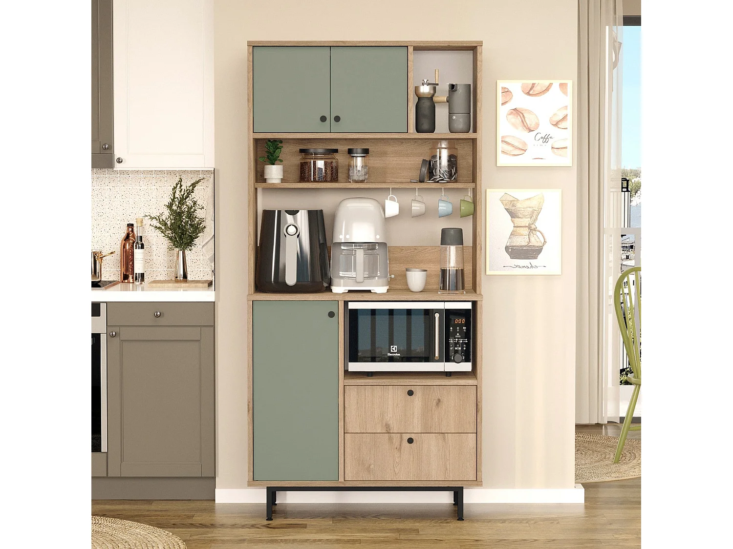 Armário Alto de Cozinha Toledo E-1 - Carvalho e Verde - 88x180x35.5cm - Mobiliário Moderno e Funcional