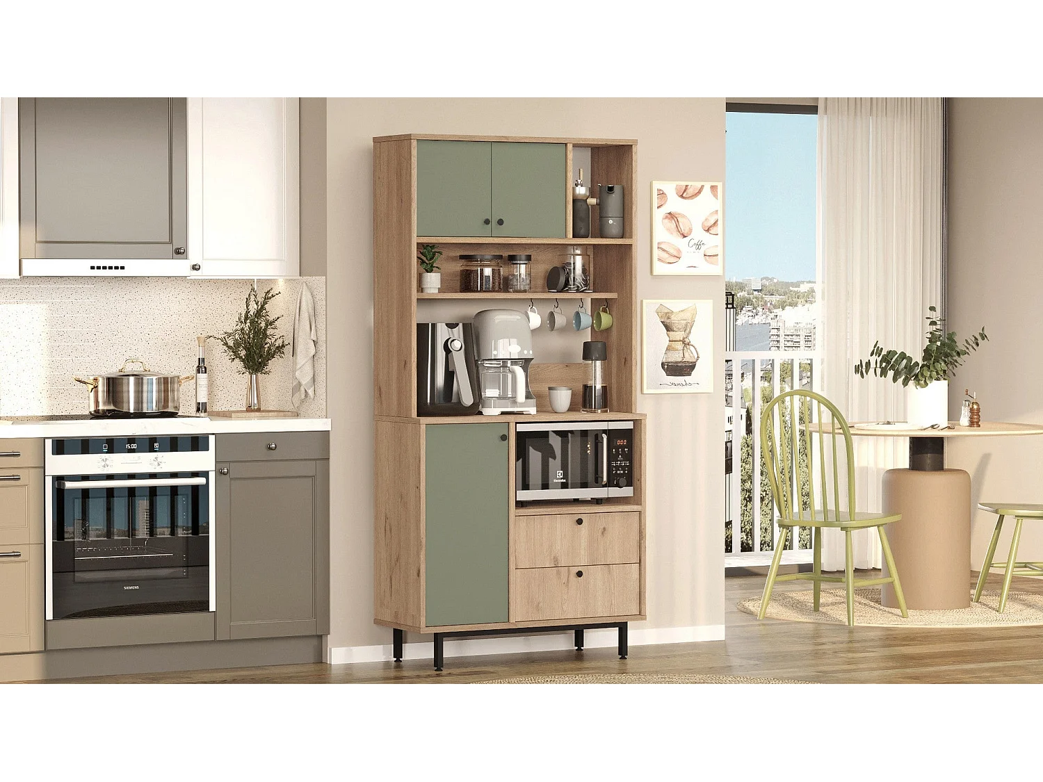 Armário Alto de Cozinha Toledo E-1 - Carvalho e Verde - 88x180x35.5cm - Mobiliário Moderno e Funcional