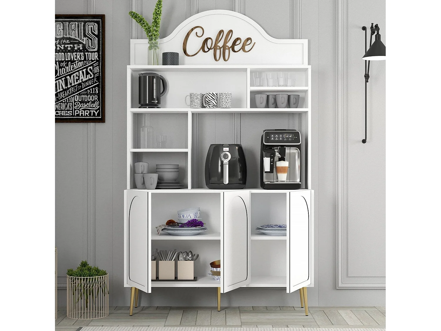 Armário de Café Alto "Coffee" - 200x120x35 cm - Branco e Dourado - Estilo Moderno e Sofisticado