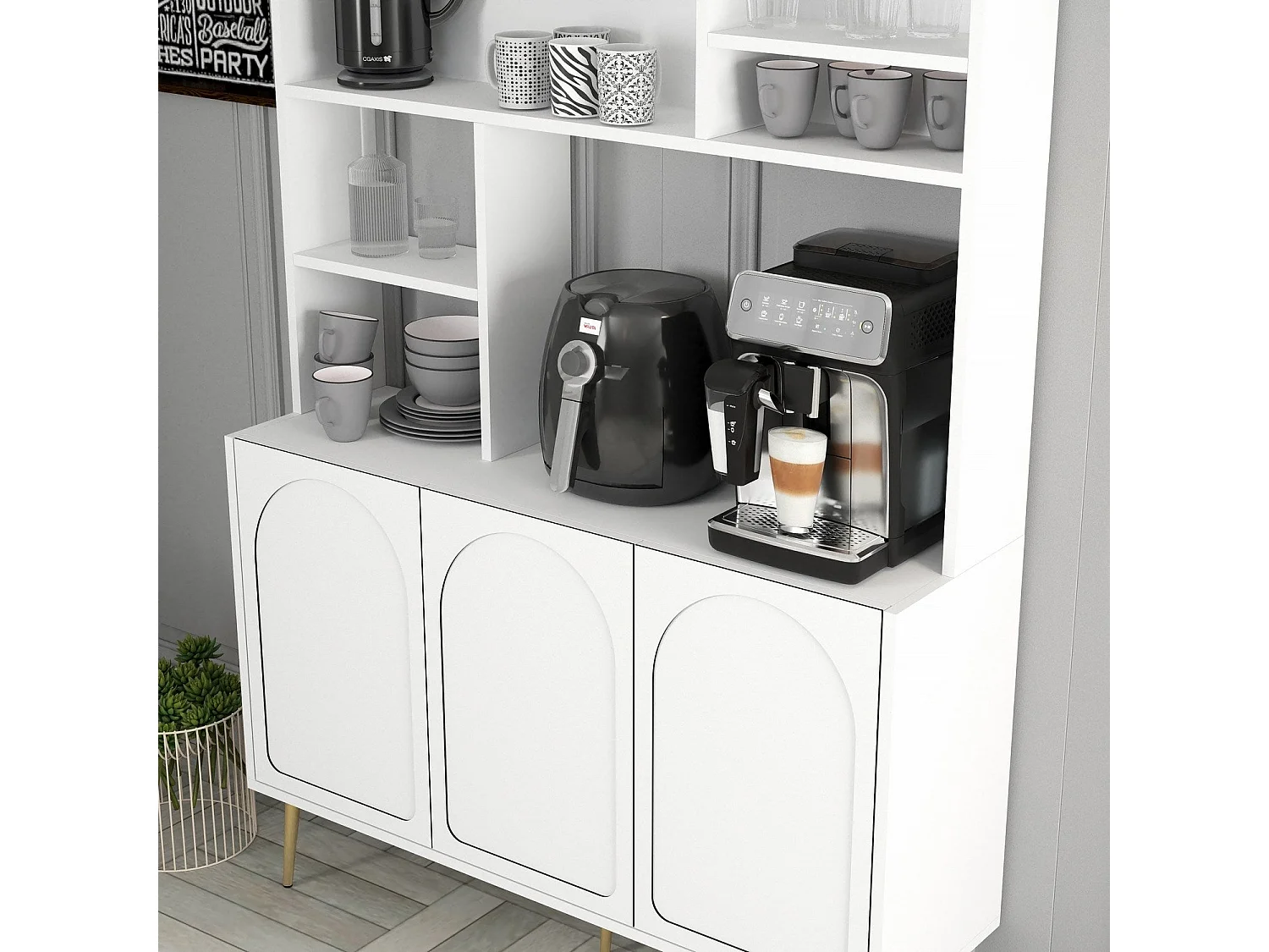 Armário de Café Alto "Coffee" - 200x120x35 cm - Branco e Dourado - Estilo Moderno e Sofisticado