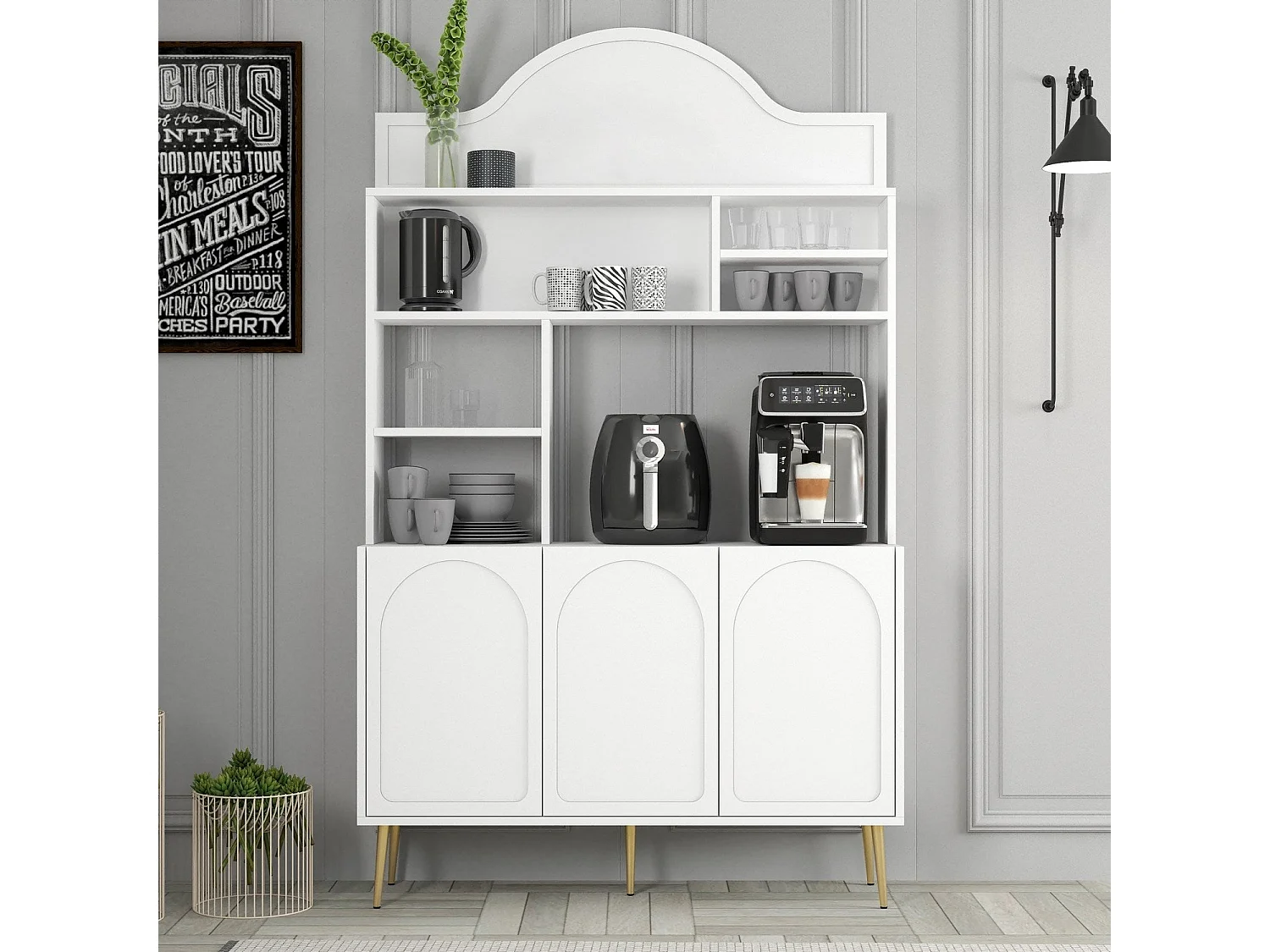 Armário de Café Alto "Coffee" - 200x120x35 cm - Branco e Dourado - Estilo Moderno e Sofisticado