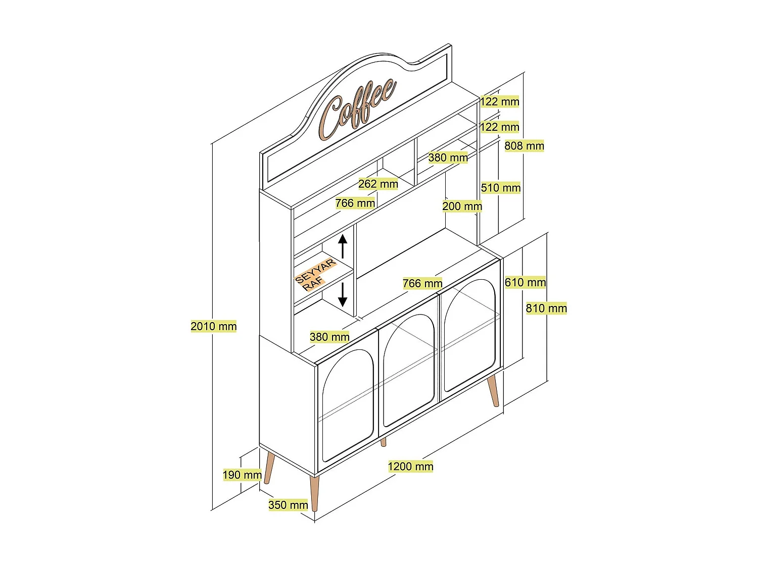 Armário de Café Alto "Coffee" - 200x120x35 cm - Branco e Dourado - Estilo Moderno e Sofisticado