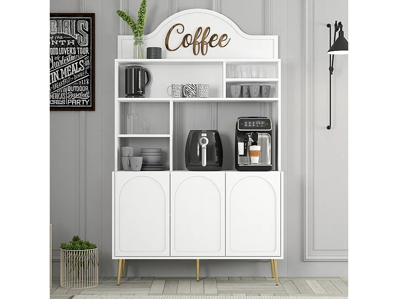 Armário de Café Alto "Coffee" - 200x120x35 cm - Branco e Dourado - Estilo Moderno e Sofisticado