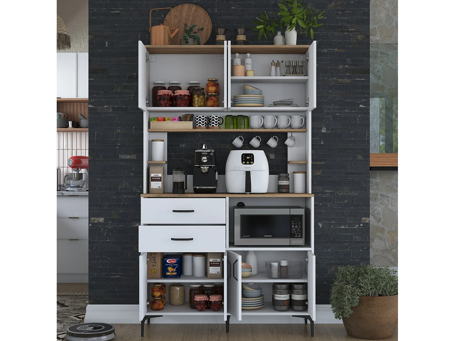 Armário Alto de Cozinha Stella em Nogueira e Branco - Elegância e Funcionalidade para Sua Casa