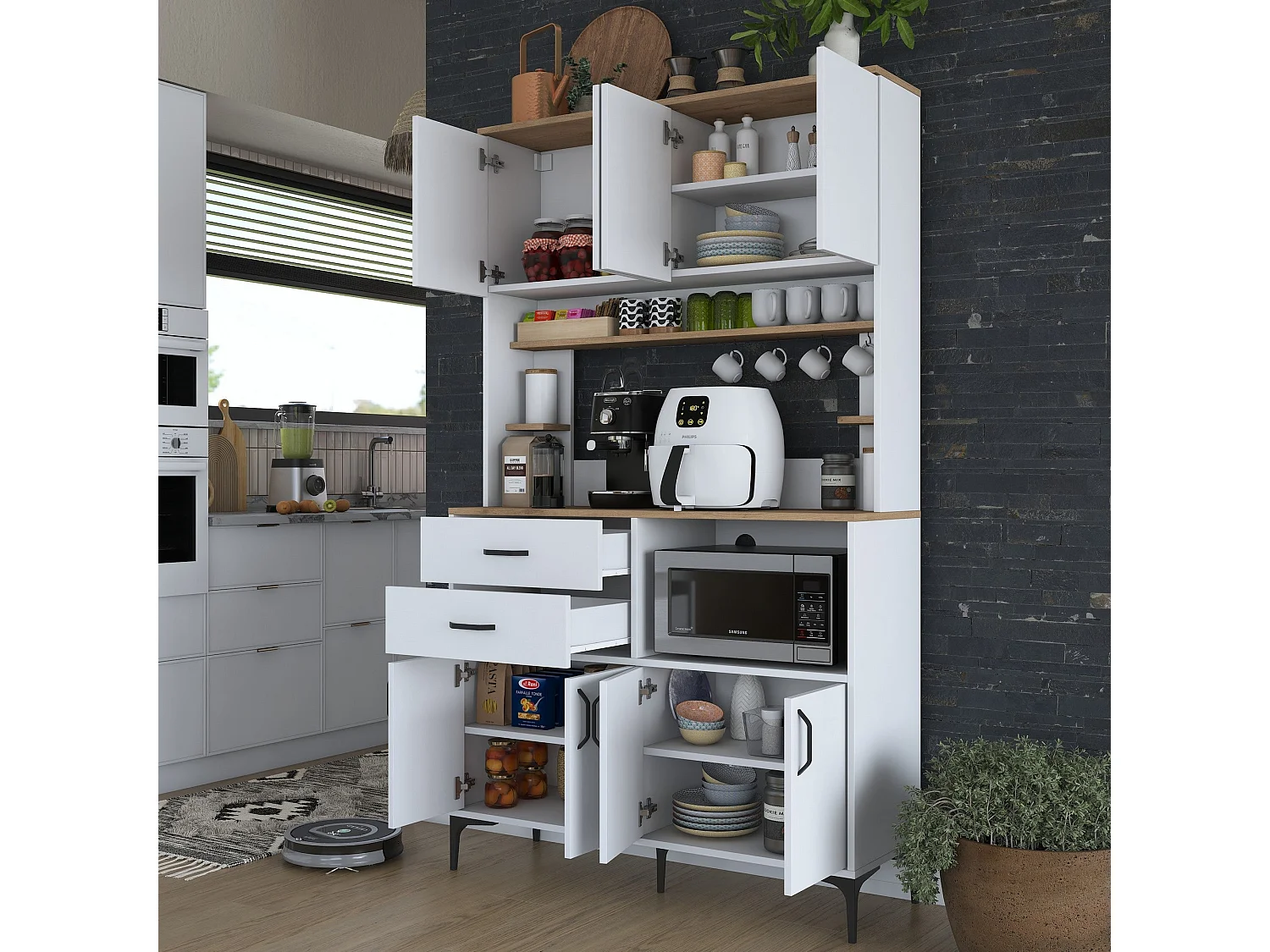 Armário Alto de Cozinha Stella em Nogueira e Branco - Elegância e Funcionalidade para Sua Casa