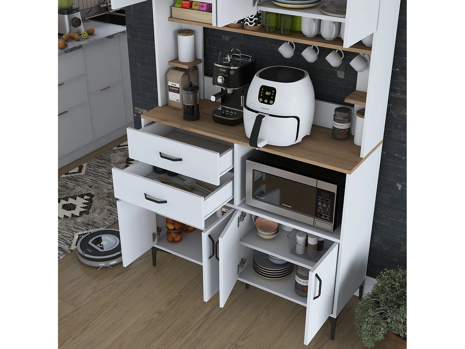 Armário Alto de Cozinha Stella em Nogueira e Branco - Elegância e Funcionalidade para Sua Casa