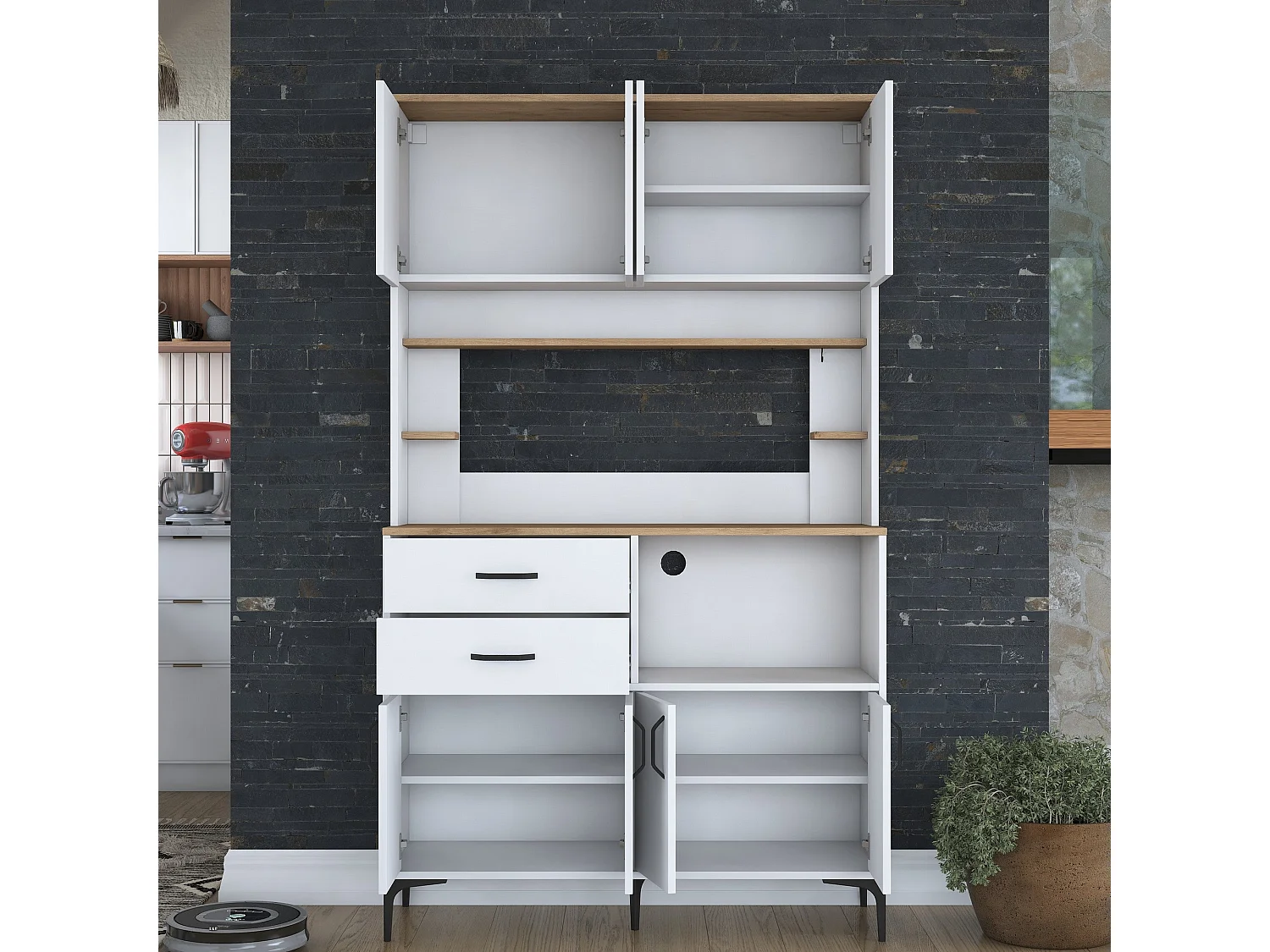 Armário Alto de Cozinha Stella em Nogueira e Branco - Elegância e Funcionalidade para Sua Casa