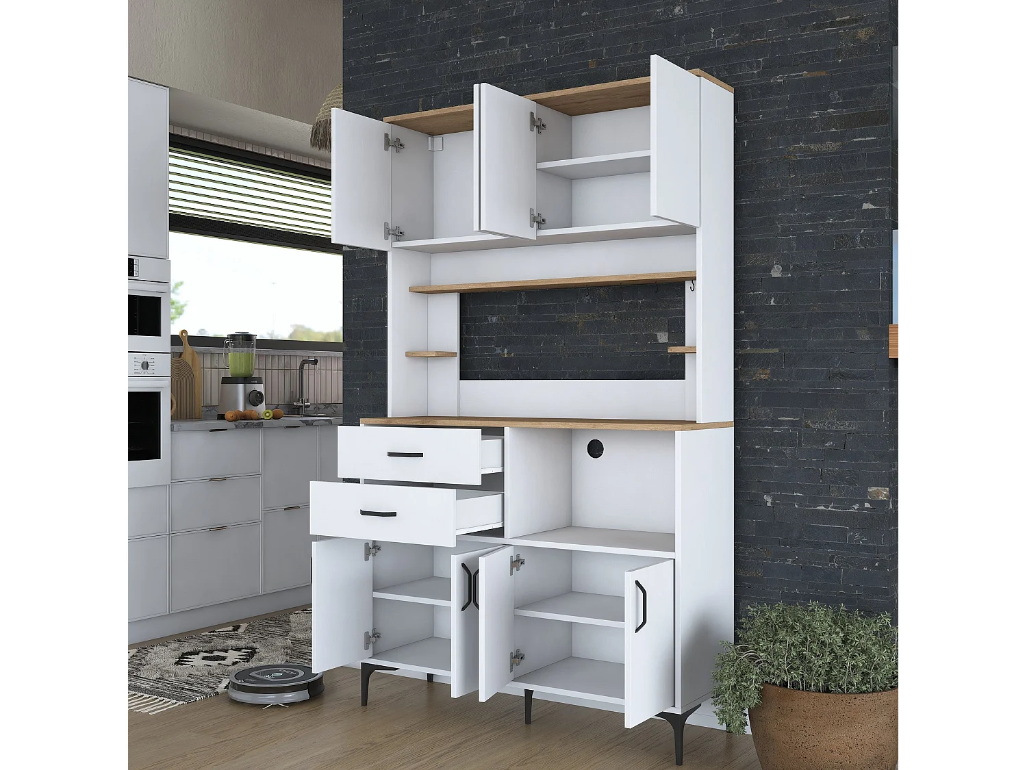 Armário Alto de Cozinha Stella em Nogueira e Branco - Elegância e Funcionalidade para Sua Casa