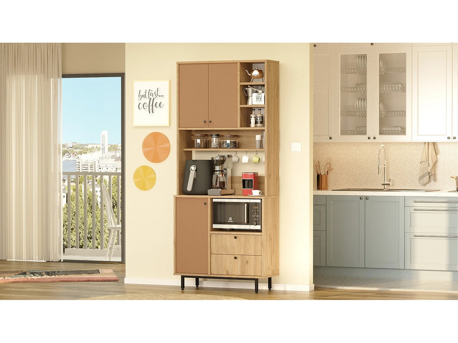 Armário Alto de Cozinha Toledo em Carvalho e Nogueira Vermelho - 88x205x35.5cm com Design Moderno e Funcional