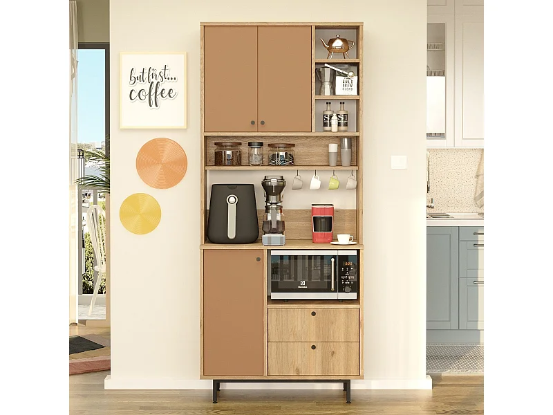 Armário Alto de Cozinha Toledo em Carvalho e Nogueira Vermelho - 88x205x35.5cm com Design Moderno e Funcional