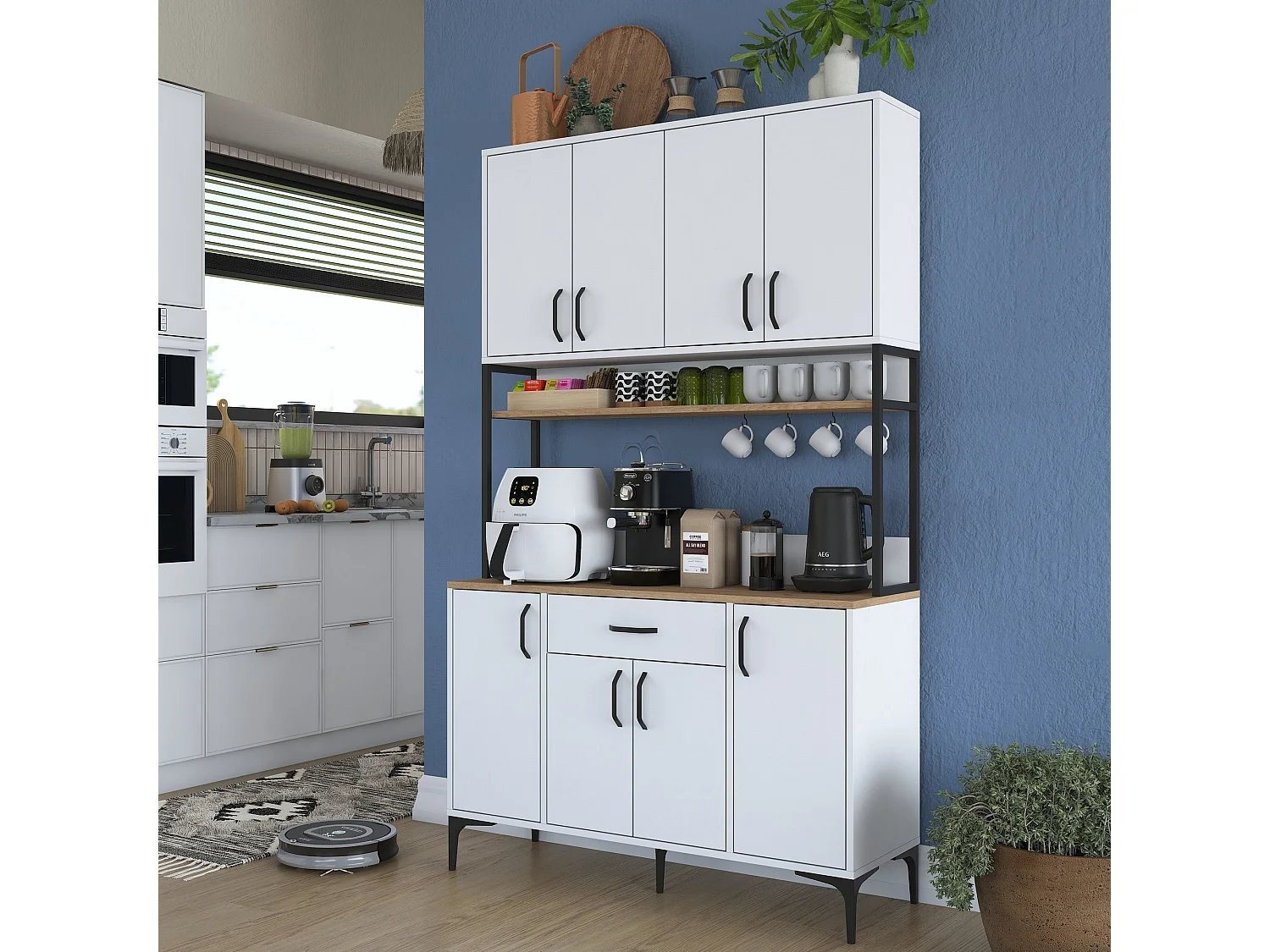 Armário Alto de Cozinha Stella - 120x198,6x40 cm - Nogueira e Branco - Estilo Moderno e Funcional