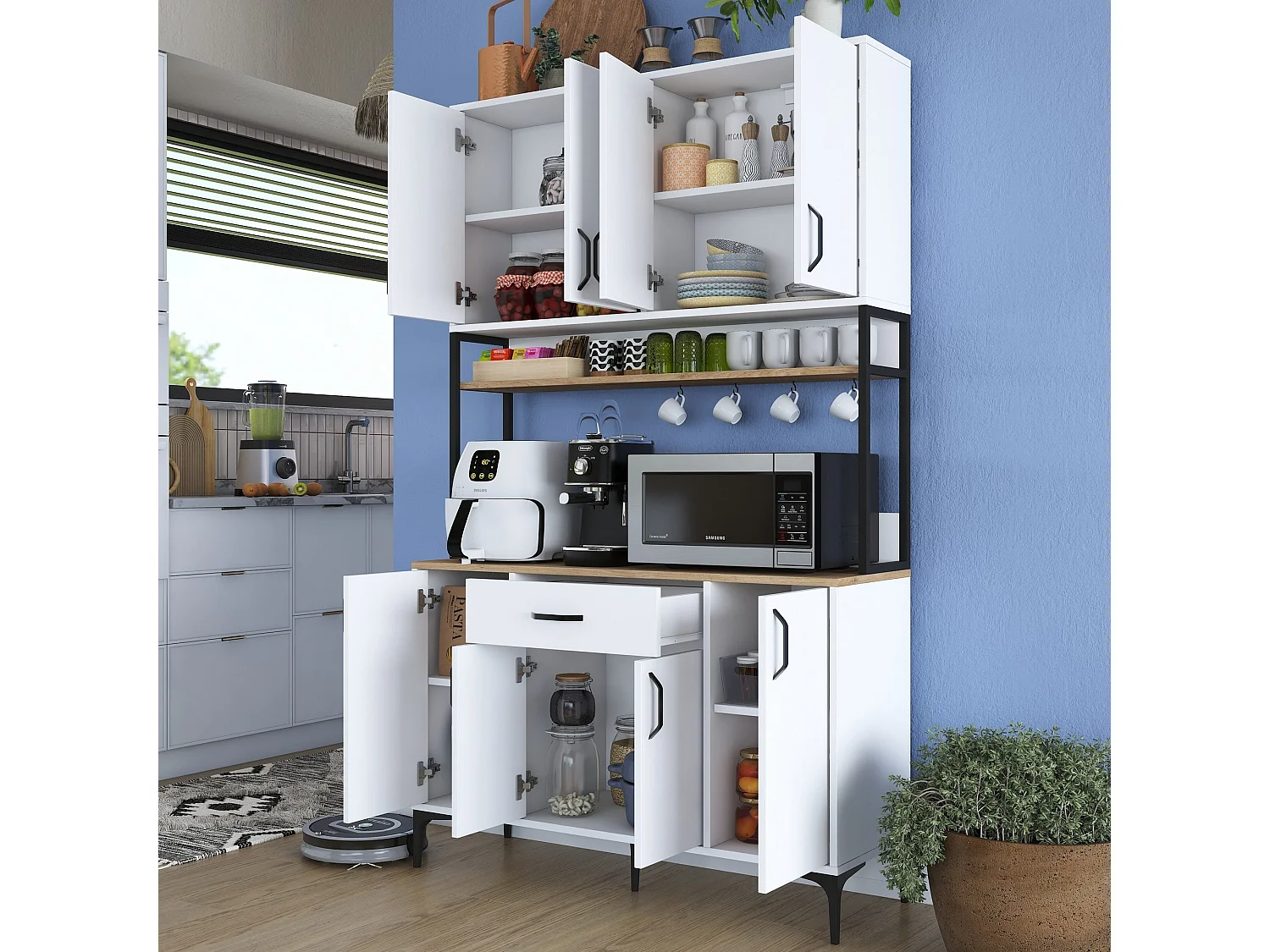 Armário Alto de Cozinha Stella - 120x198,6x40 cm - Nogueira e Branco - Estilo Moderno e Funcional