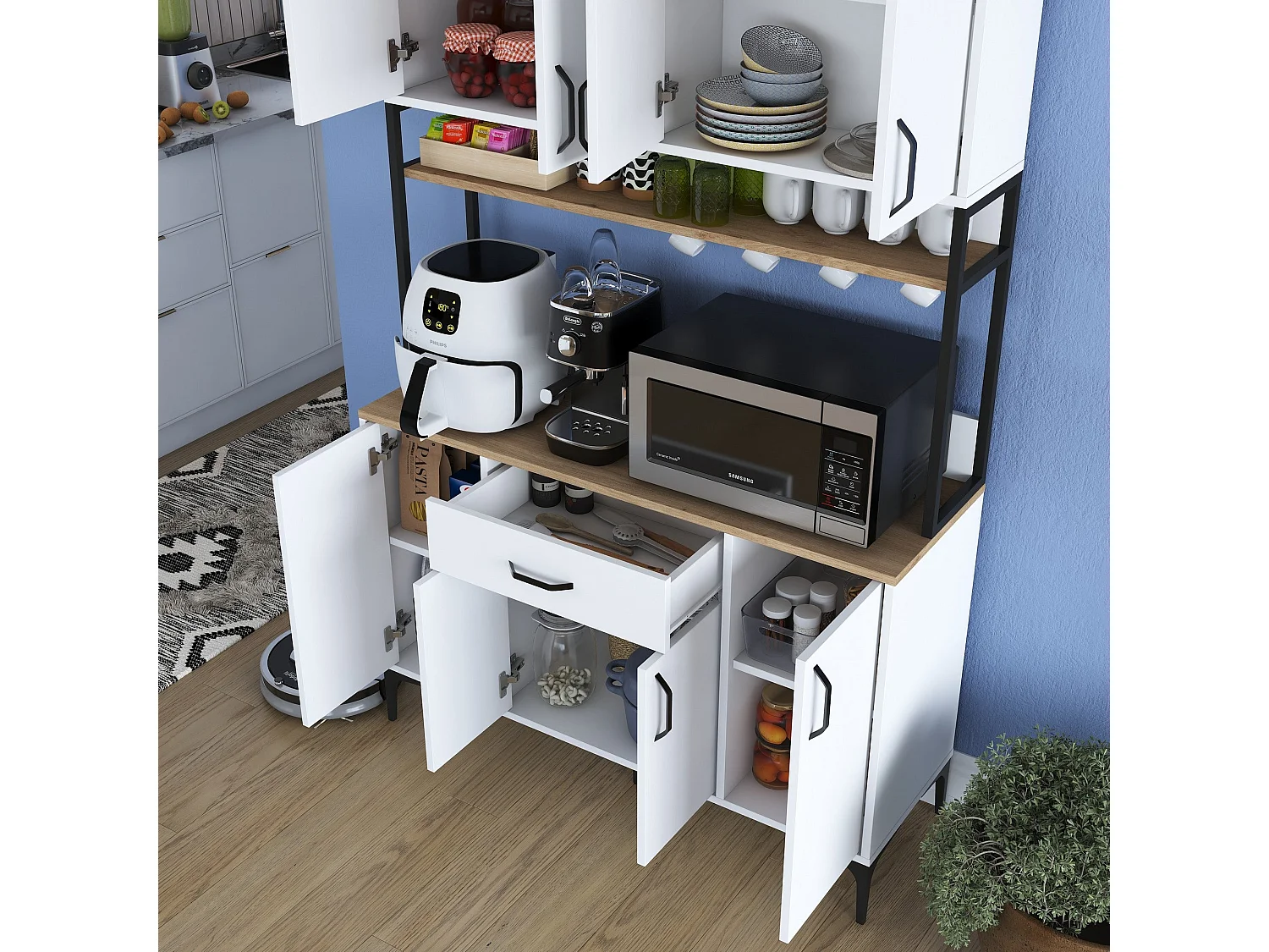 Armário Alto de Cozinha Stella - 120x198,6x40 cm - Nogueira e Branco - Estilo Moderno e Funcional