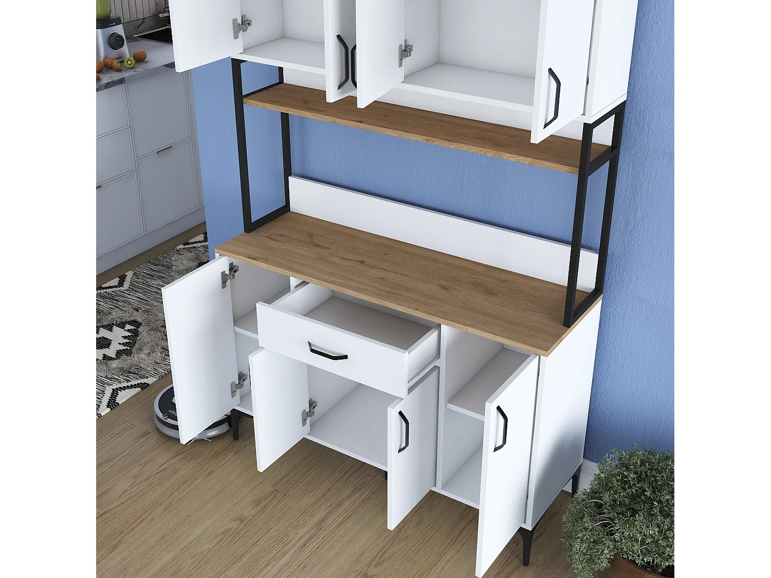 Armário Alto de Cozinha Stella - 120x198,6x40 cm - Nogueira e Branco - Estilo Moderno e Funcional