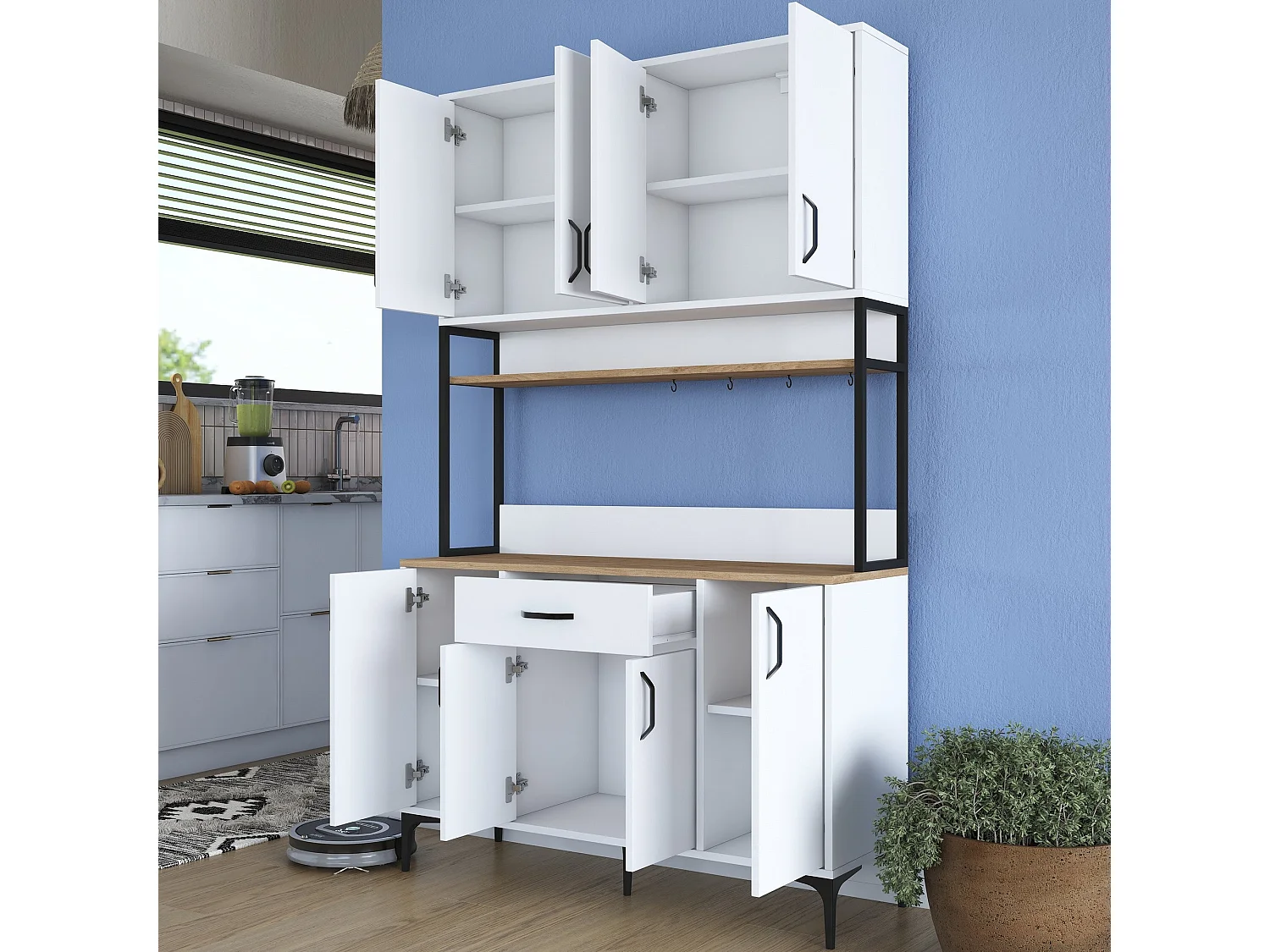 Armário Alto de Cozinha Stella - 120x198,6x40 cm - Nogueira e Branco - Estilo Moderno e Funcional